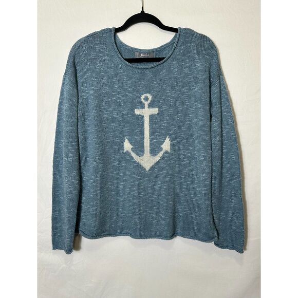 Marled Sweaters - Marled Women's Blue Long Sleeve Anchor Sweater Lightweight Size M Blue Marled